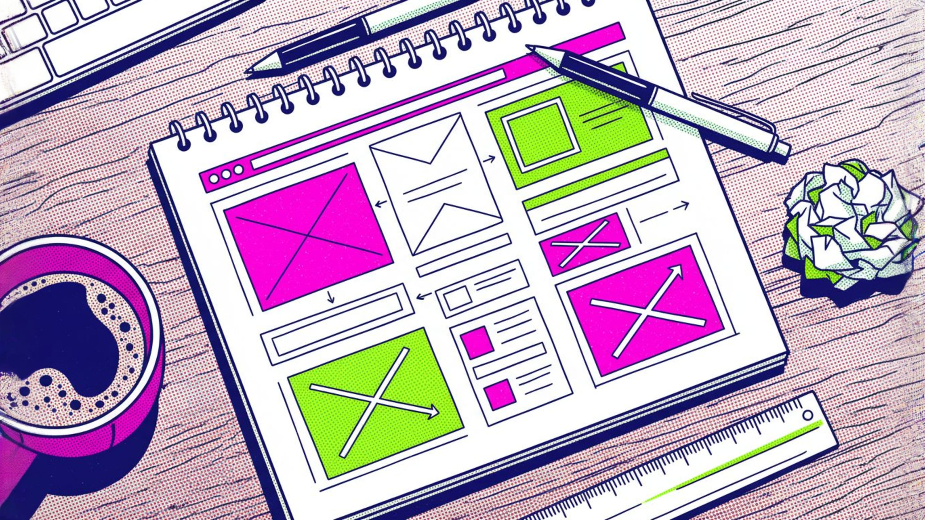 Design mockups and wireframes on a desk with color palettes and typography samples