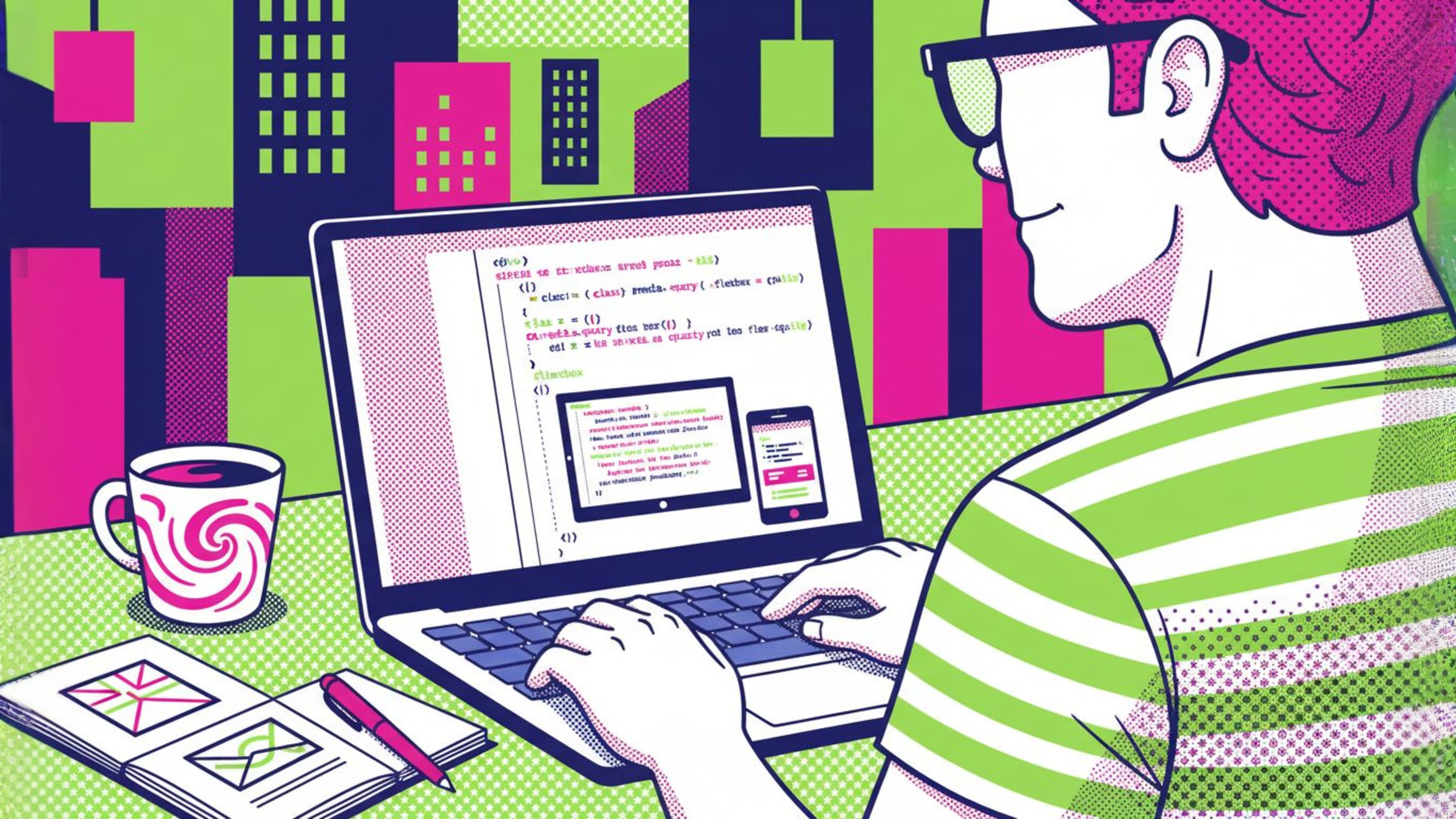 Developer coding on laptop with browser showing a responsive website layout